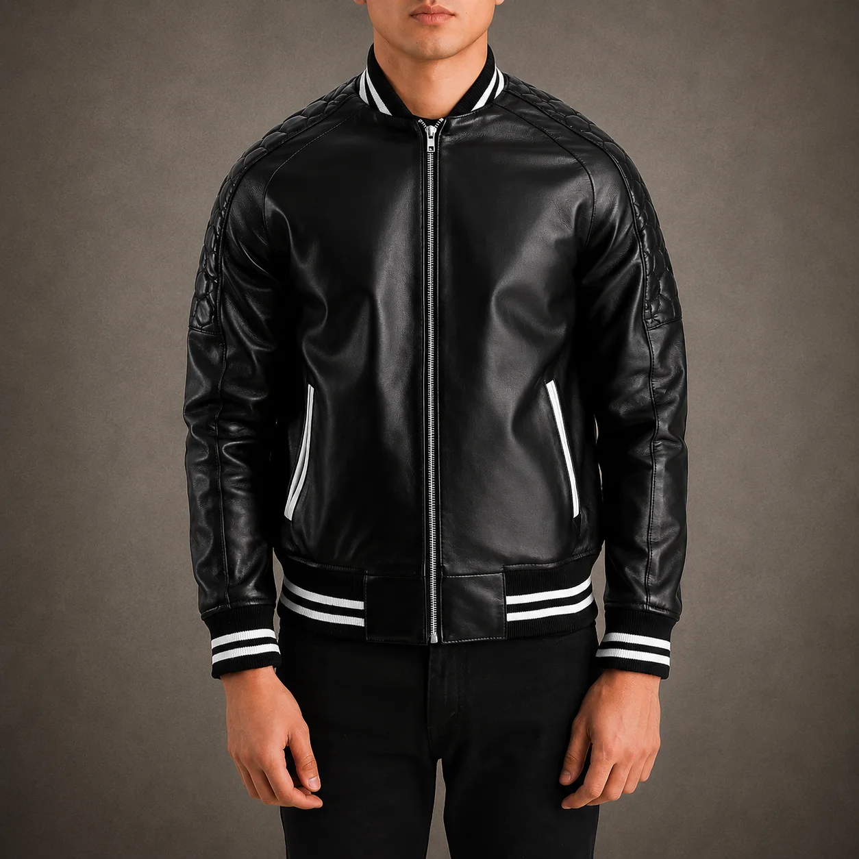 Men's Sterling Black Leather Varsity Jacket with Rib Knit Trim