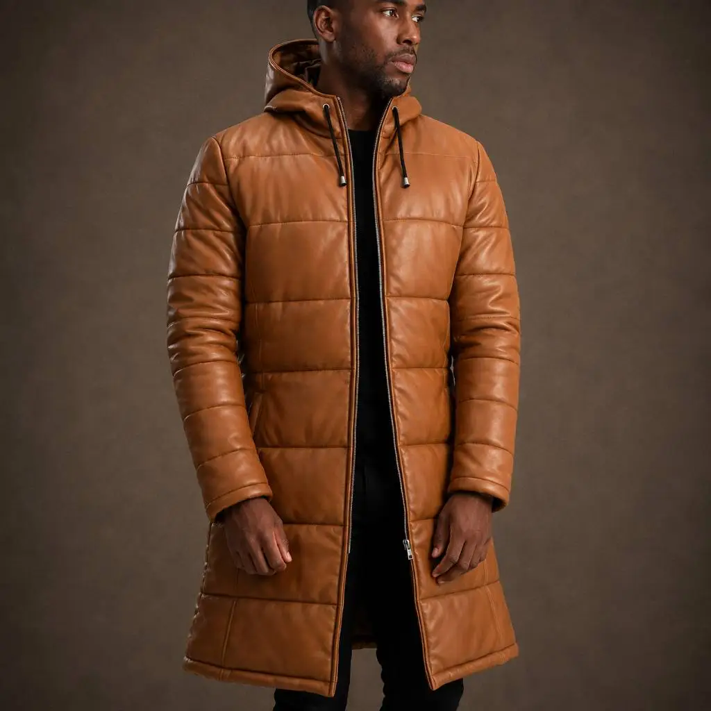 Men's Canyon Tan Hooded Sheepskin Leather Puffer Coat