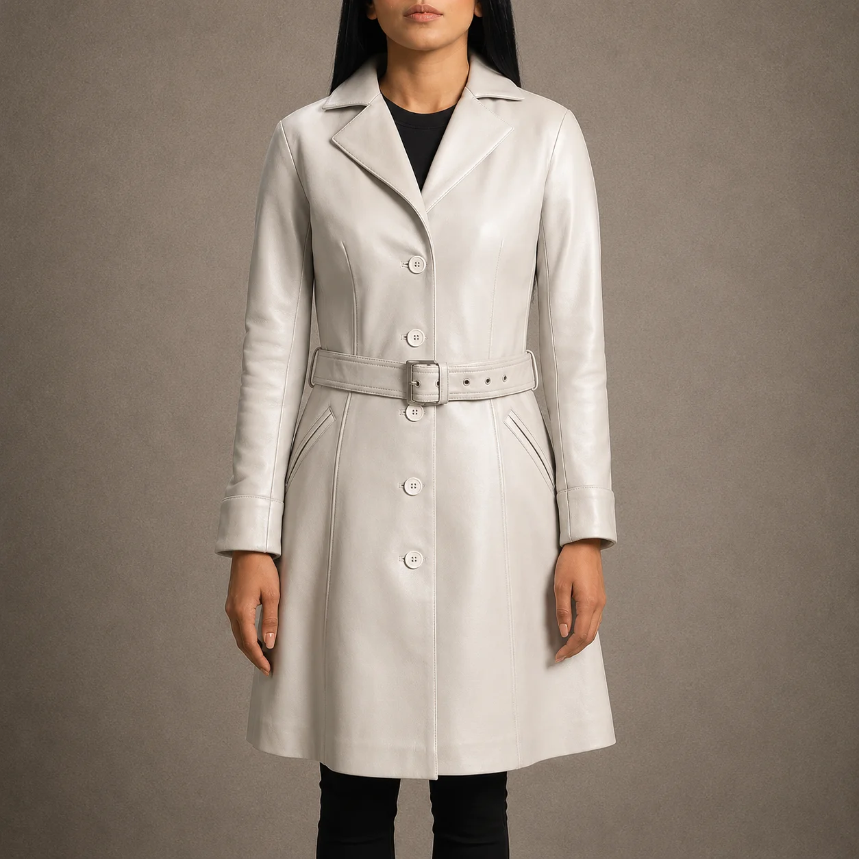 Lunara women's silver genuine sheepskin leather trench coat with notch collar and button closure