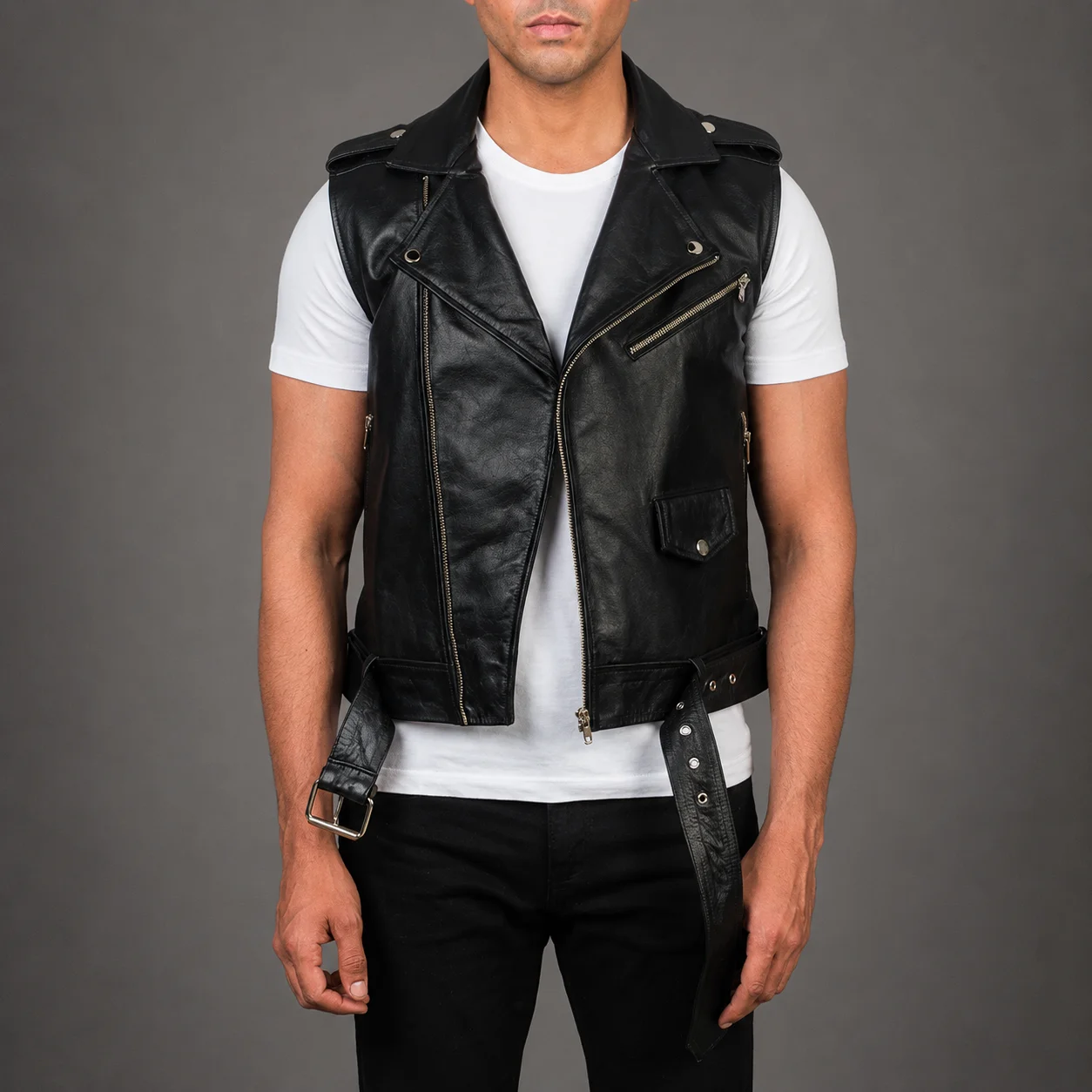 Men's Kingston black leather biker vest crafted from premium genuine leather featuring a sleek black finish, classic motorcycle-inspired design, durable construction, comfortable tailored fit, and timeless biker style by Jonny N Guys