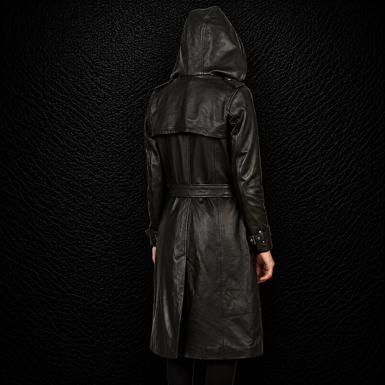 Marlowe Hooded Brown Leather Trench Coat alternate