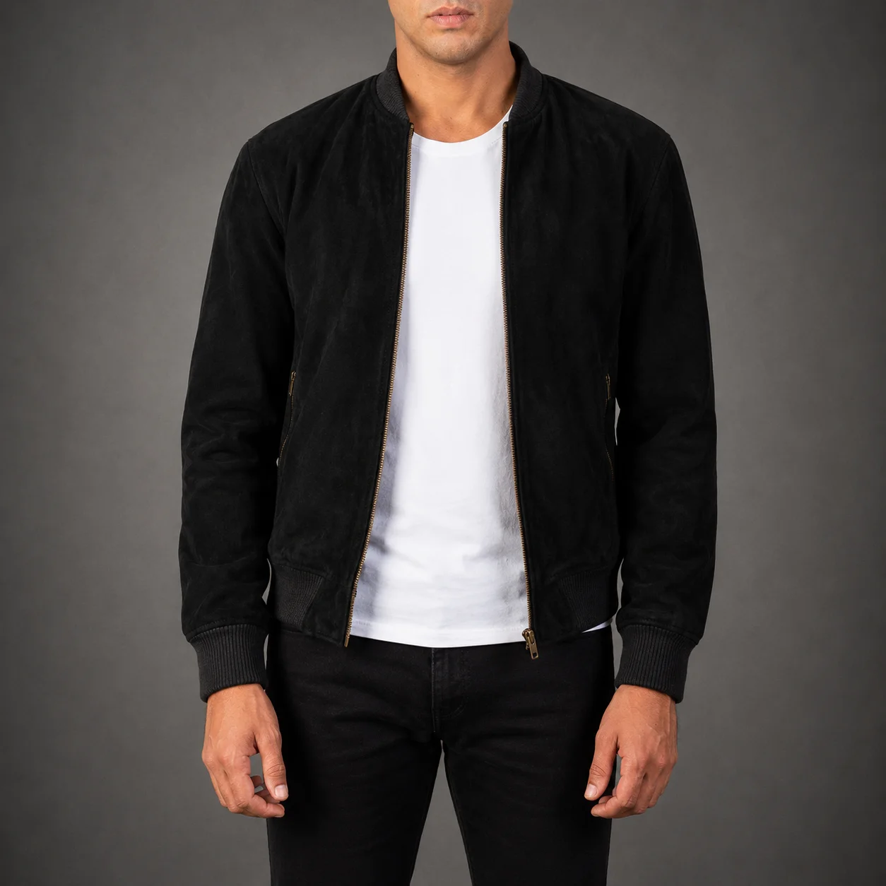 Men's Ashton black suede bomber jacket crafted from premium suede leather featuring a sleek black finish, classic bomber silhouette, soft suede texture, ribbed trims, durable construction, and timeless everyday style by Jonny N Guys