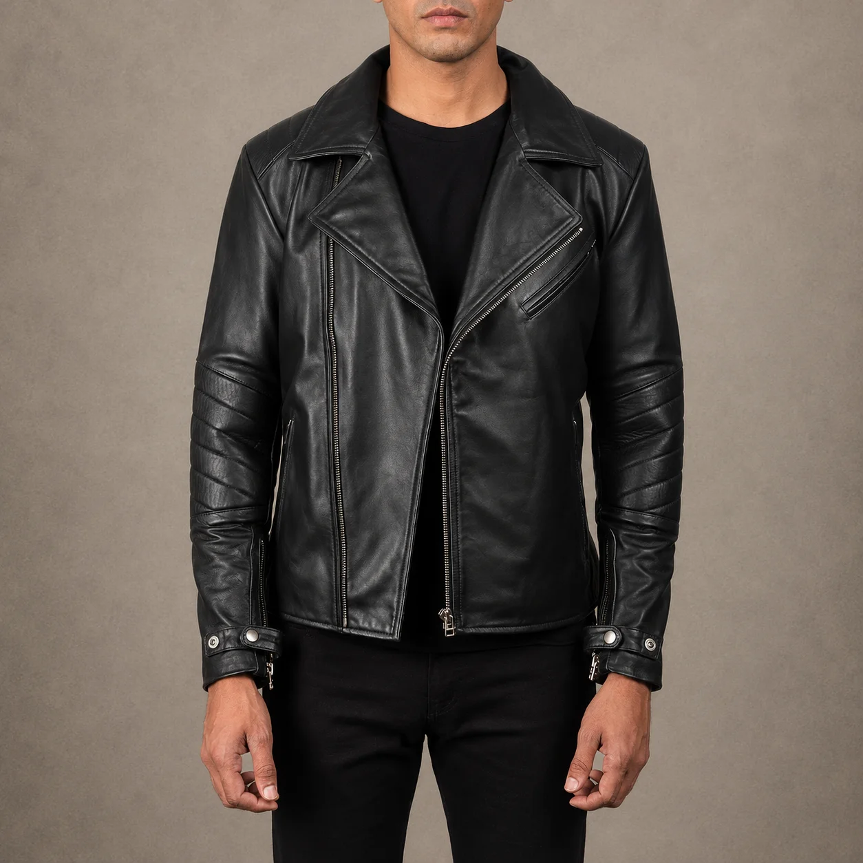 Men's Vortex Black Cowhide Leather Biker Jacket with Notch Collar