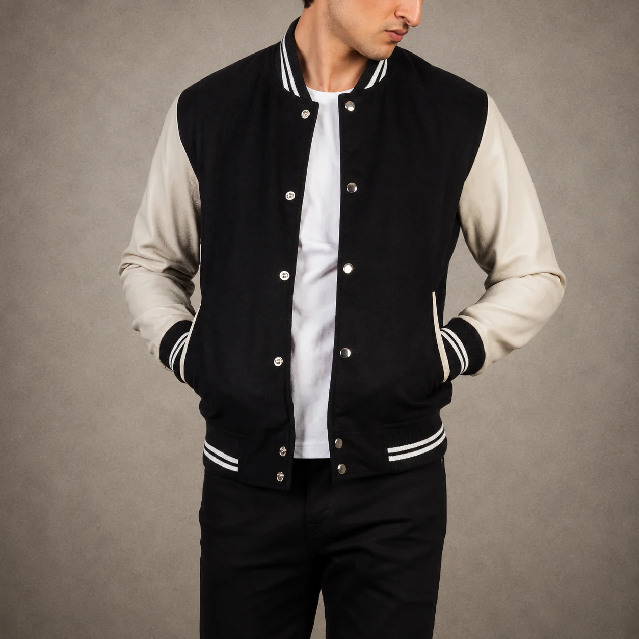 Men's Classic Black and White Leather Varsity Jacket