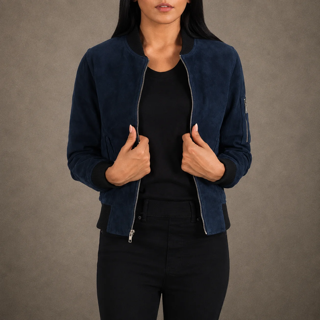 Women’s Ava MA-1 Blue Sheepskin Suede Bomber Jacket
