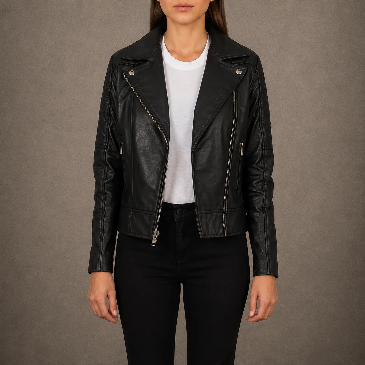 Sienna women's quilted black leather biker jacket with zippered cuffs