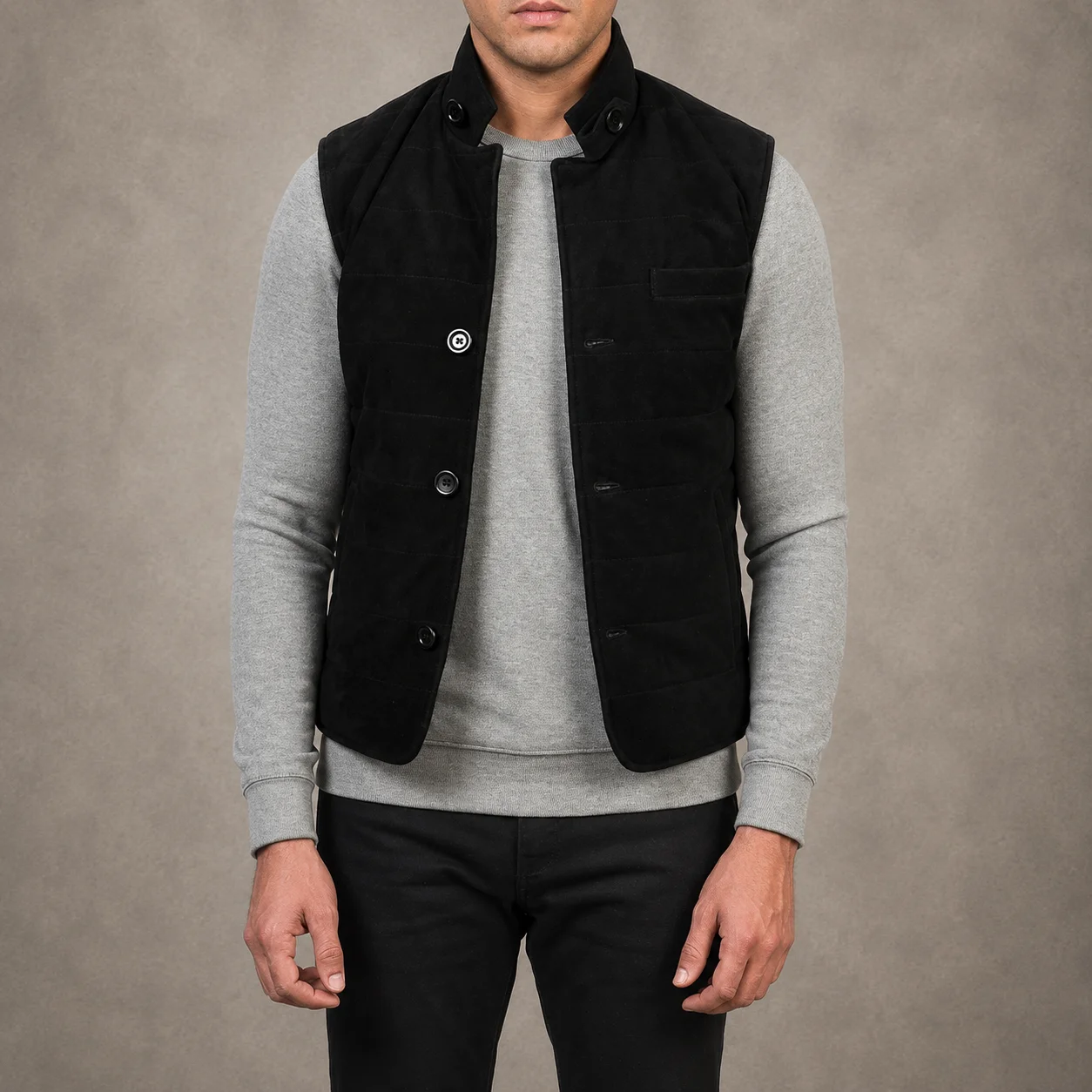Men's Ashton black suede vest crafted from premium suede leather featuring a sleek black finish, classic sleeveless silhouette, soft suede texture, durable construction, comfortable tailored fit, and timeless everyday style by Jonny N Guys