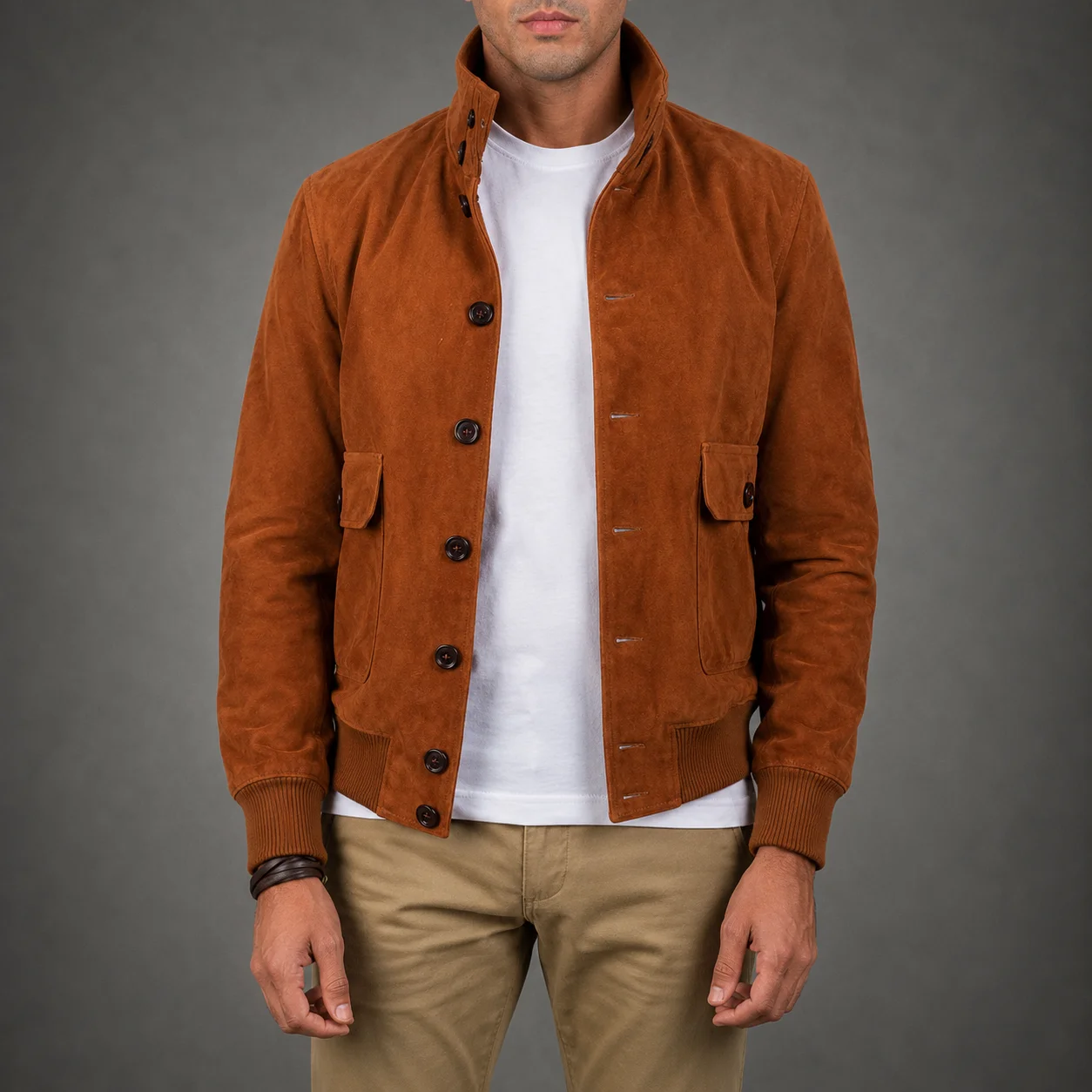 Men's Sawyer brown suede bomber jacket crafted from premium suede leather featuring a rich brown finish, classic bomber silhouette, soft suede texture, ribbed cuffs and hem, durable construction, and timeless everyday style by Jonny N Guys