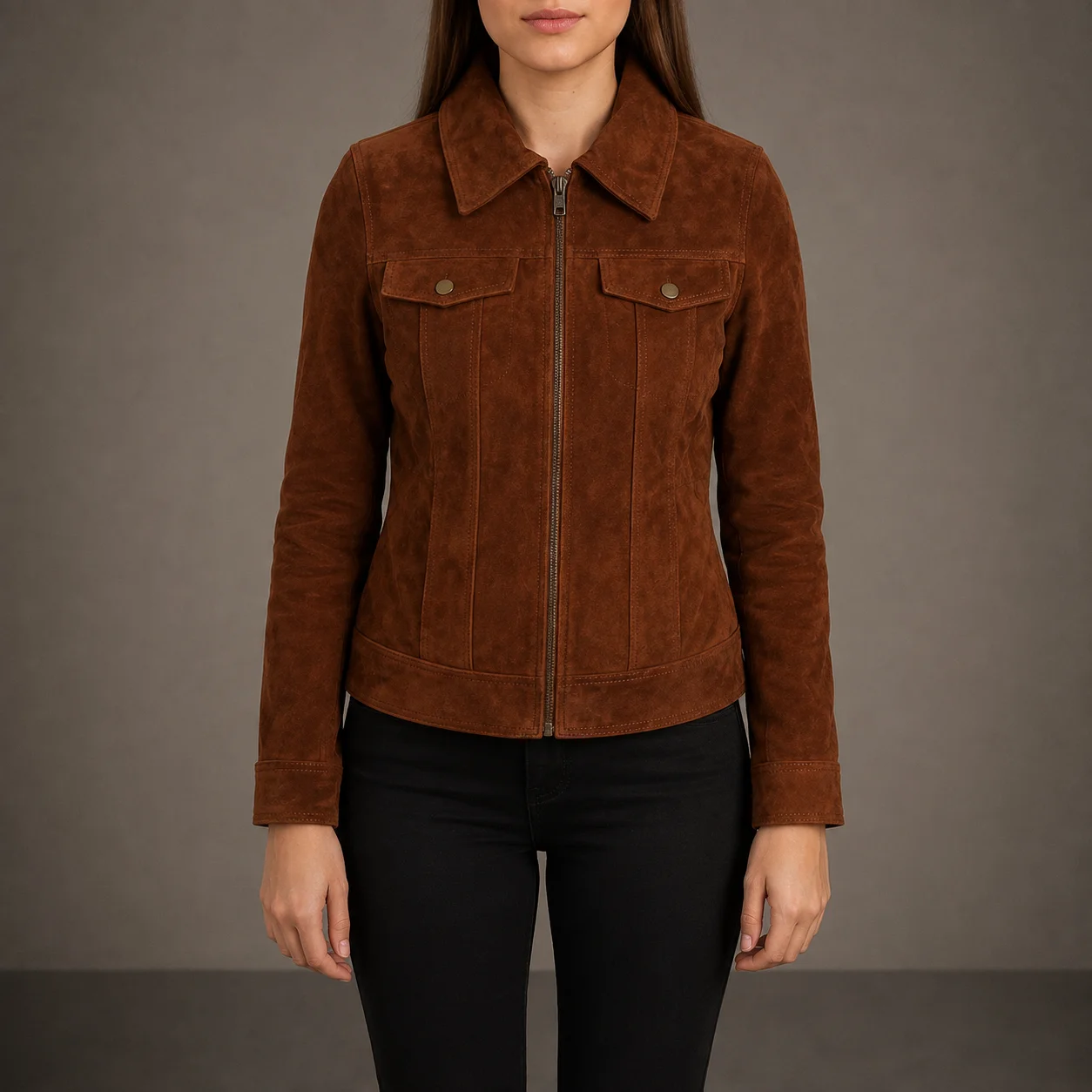 Women’s brown suede trucker jacket in genuine goatskin leather with shirt collar and zipper closure