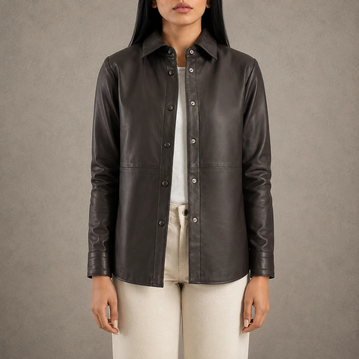 Elara women's brown real leather shirt jacket with button closure and shirt collar