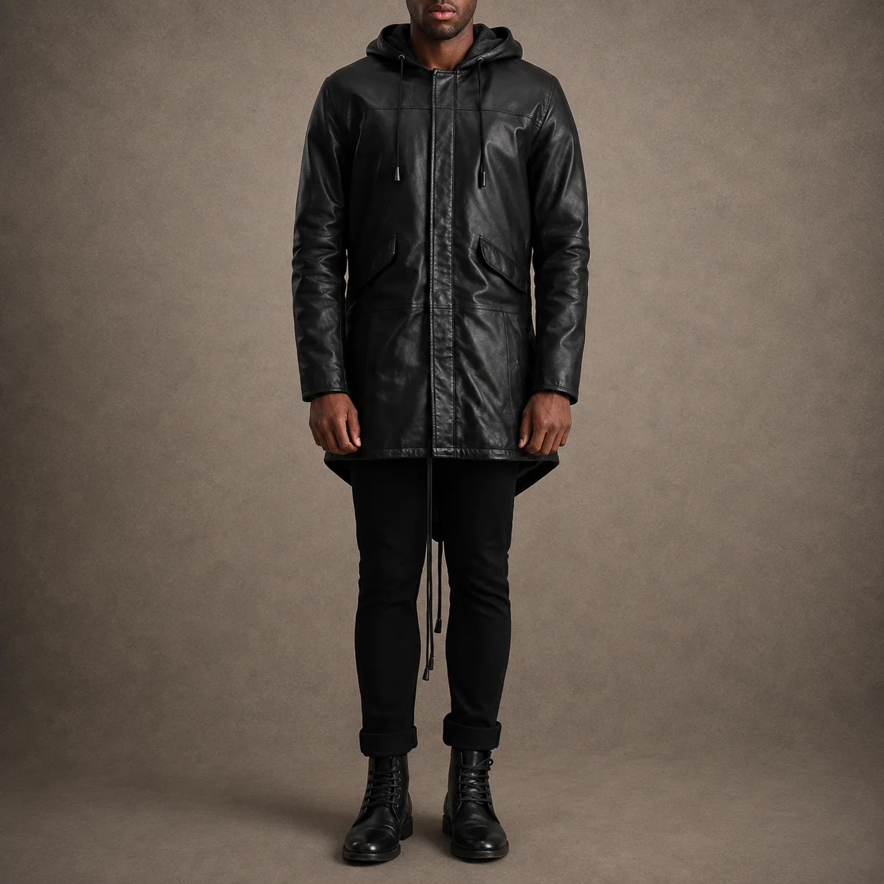 Men's Evermont black leather fur-lined parka with hood, zipper placket and adjustable waist