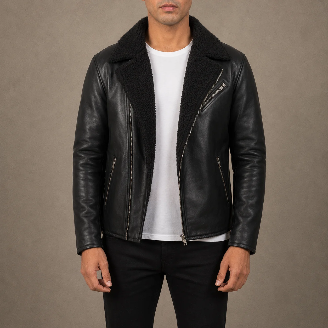 Men's Maverick Black Shearling Leather Jacket with Fur Collar