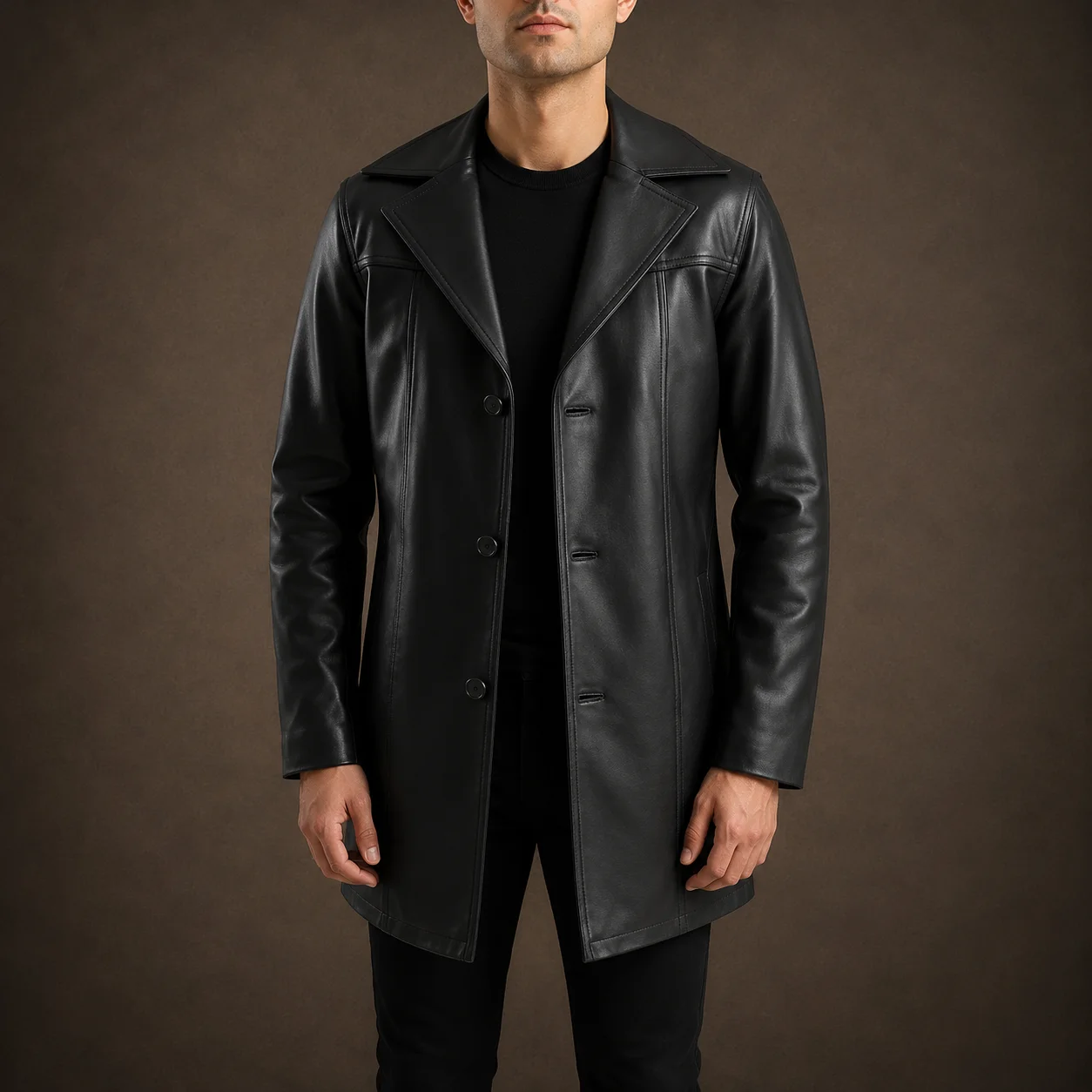 Men’s Brawnton Black Cowhide Leather Coat with Button Closure and Notch Collar