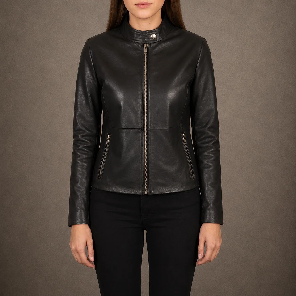 Elara women's brown leather biker jacket with band collar and zippered cuffs