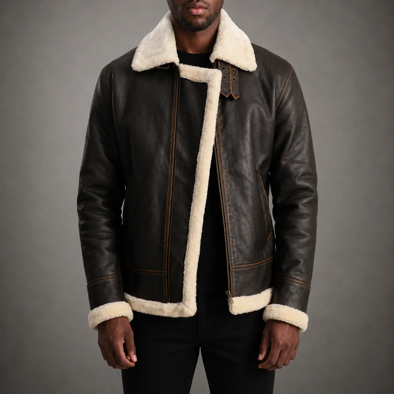 Men's Hudson B-3 brown and cream leather bomber jacket crafted from premium genuine leather featuring a classic B-3 flight silhouette, cream shearling-style detailing, durable construction, and timeless aviation-inspired style by Jonny N Guys