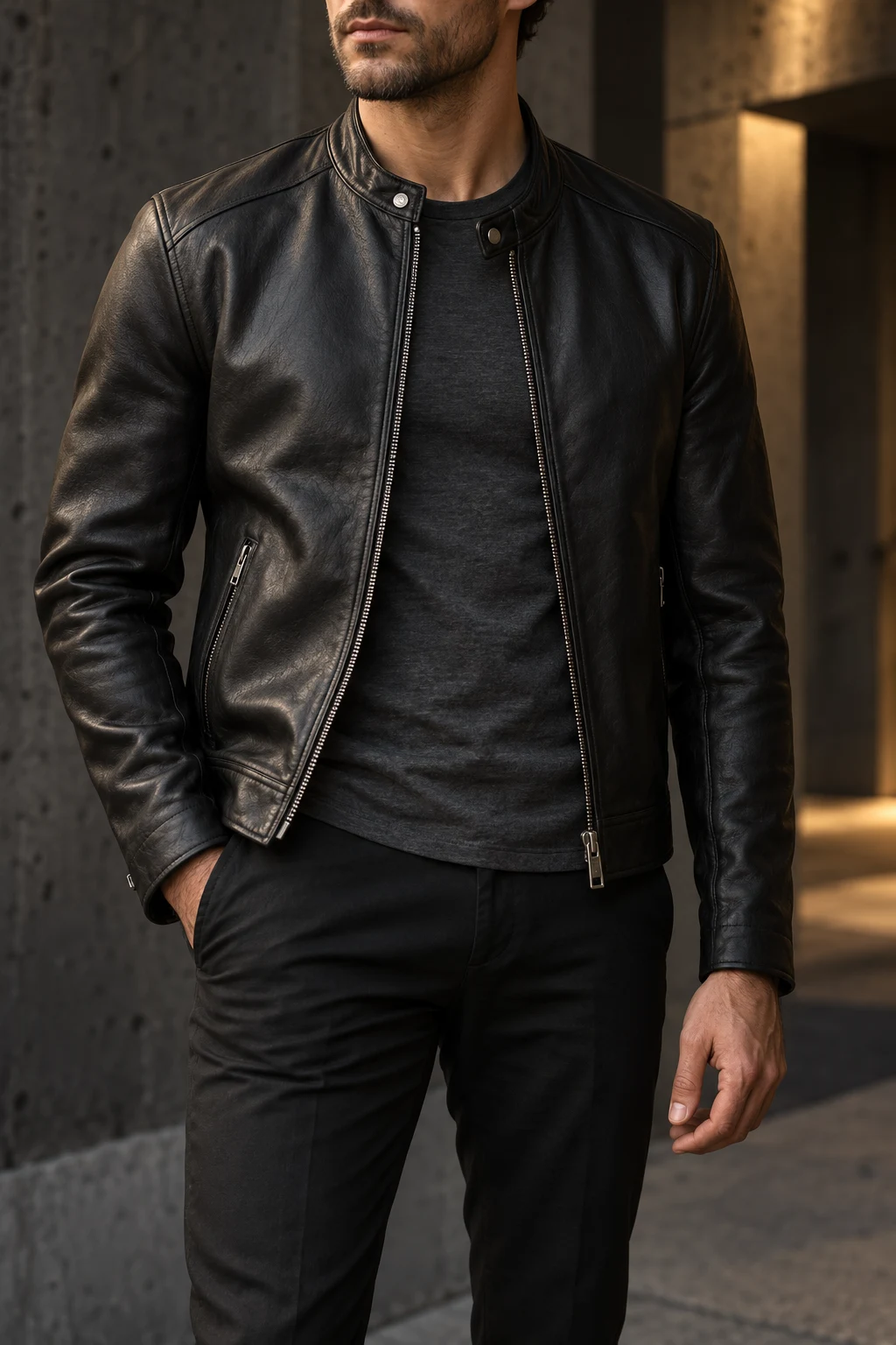 Men’s black leather cafe racer styling