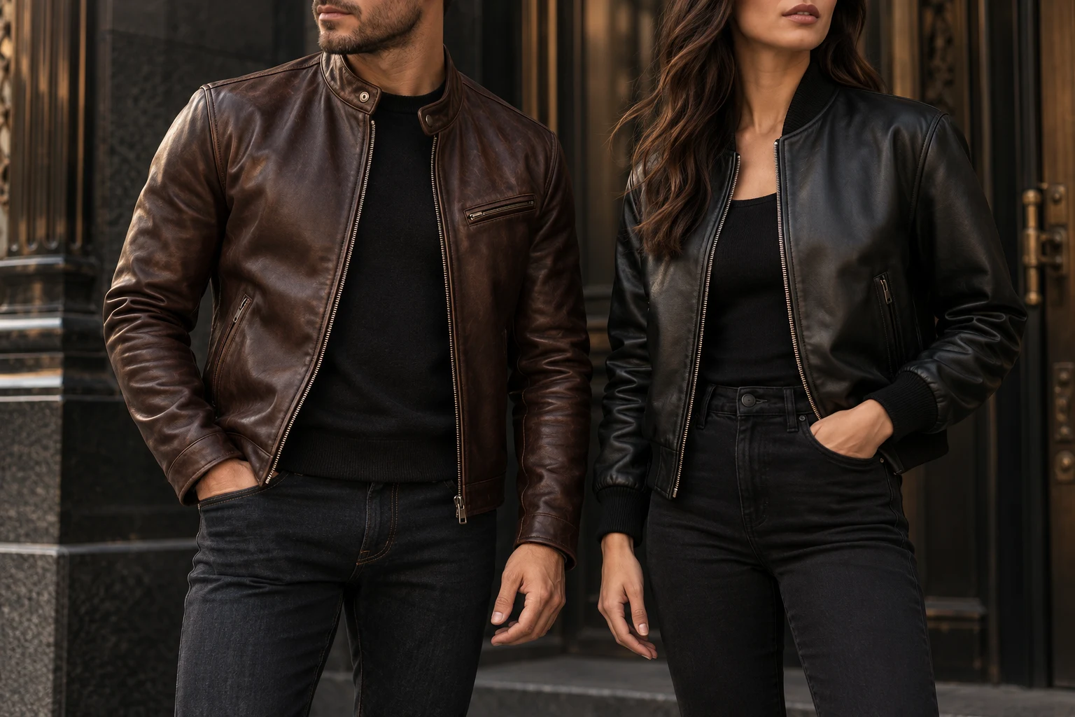 Man in brown leather and woman in black leather, standing in an urban setting