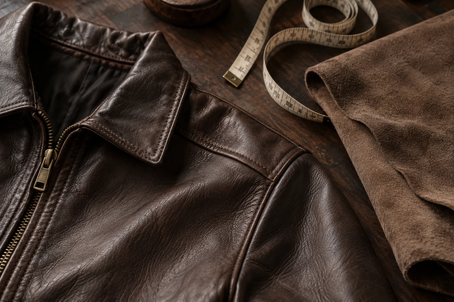 Leather seam, brass zipper and suede texture