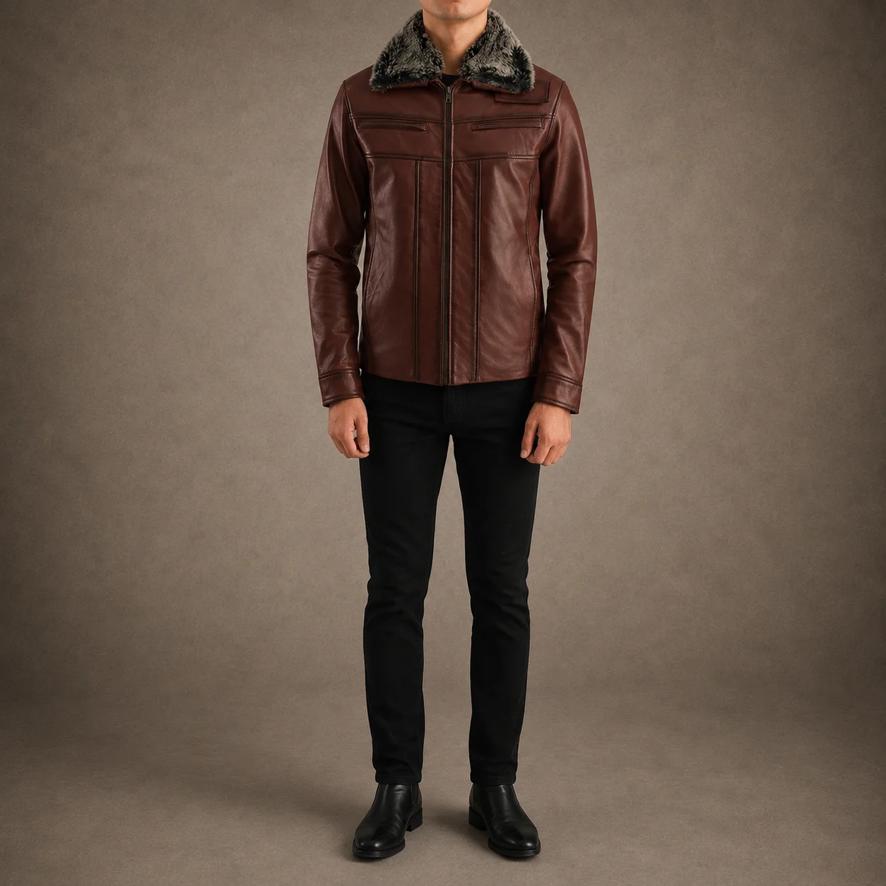 Hudson Distressed Brown Fur Collar Leather Jacket