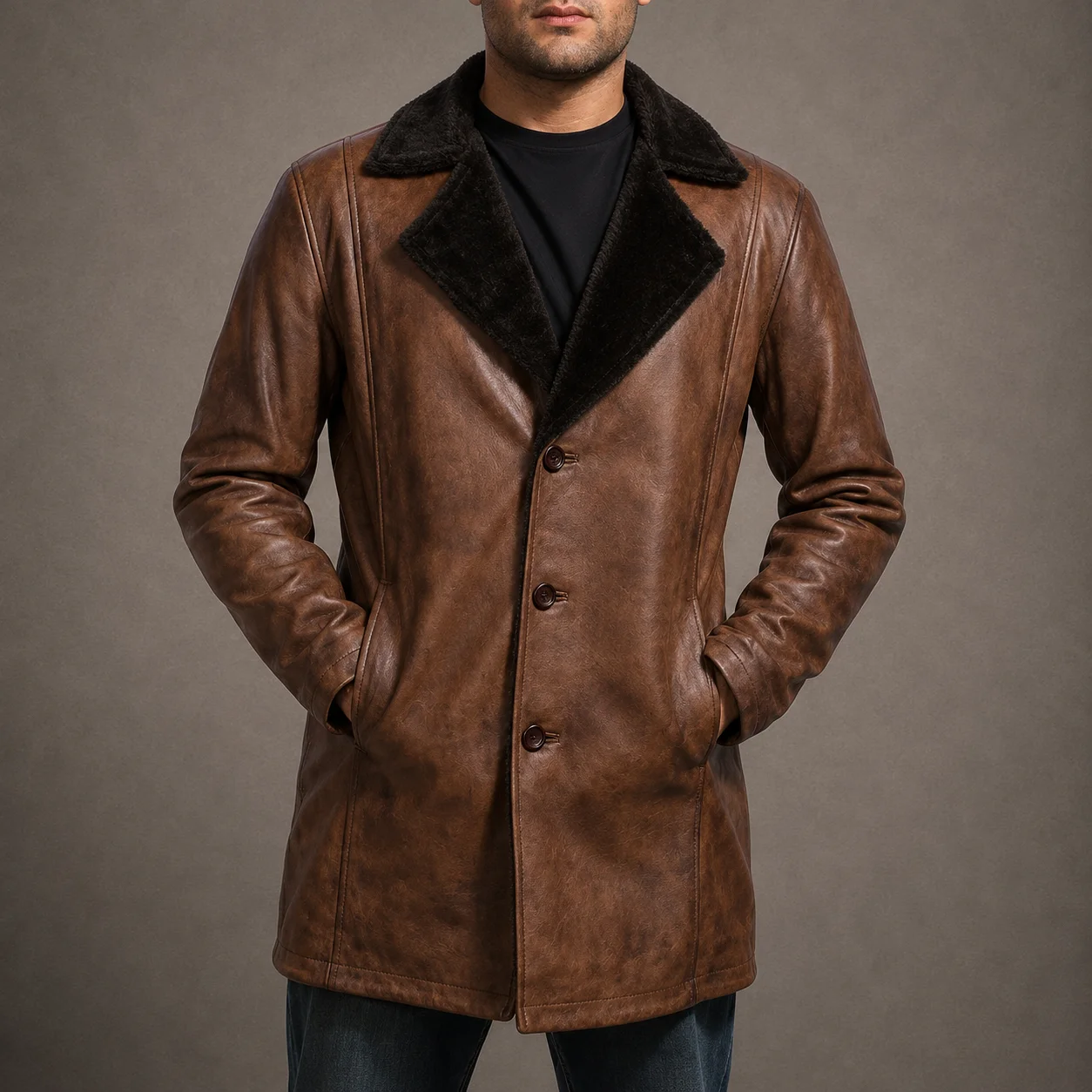 Men's Hudson distressed brown sheepskin leather fur coat with notch collar and button closure