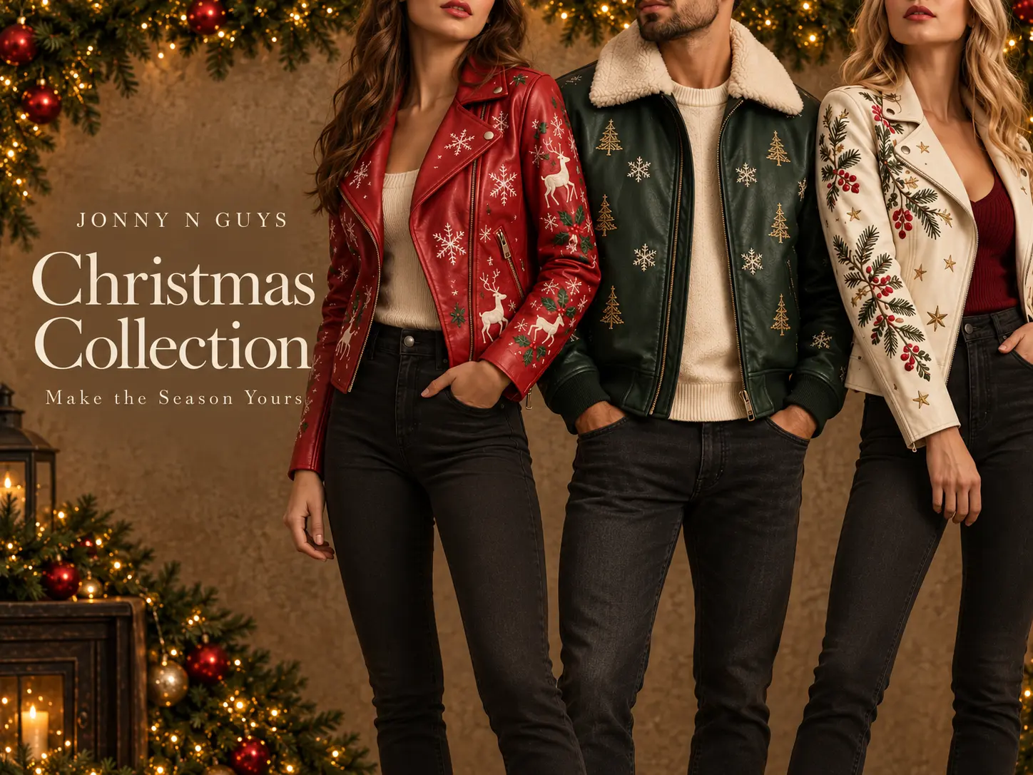 Jonny N Guys Christmas Collection banner featuring a woman in a red Christmas-print leather biker jacket beside festive greenery and warm lights.