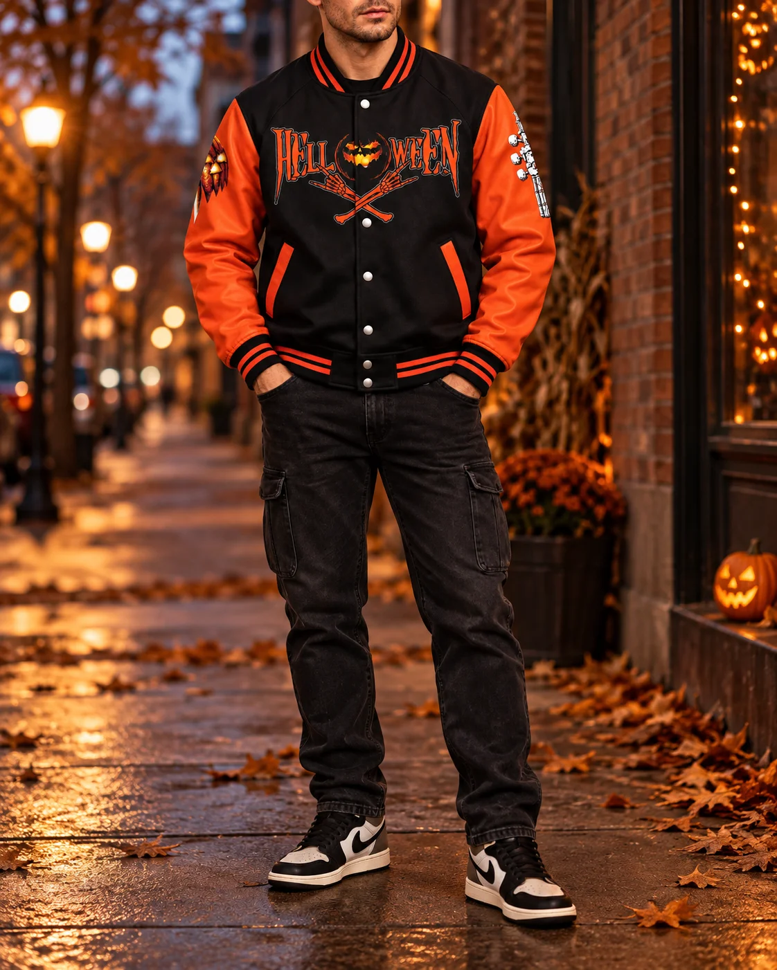 Black and orange Halloween varsity jacket styled for men