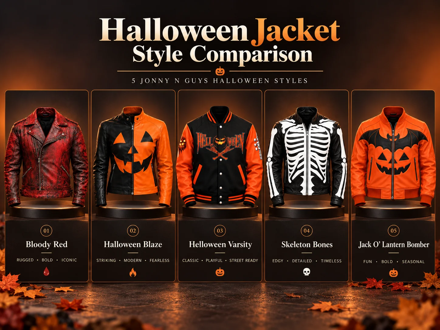 Comparison of five Jonny N Guys Halloween leather jacket styles