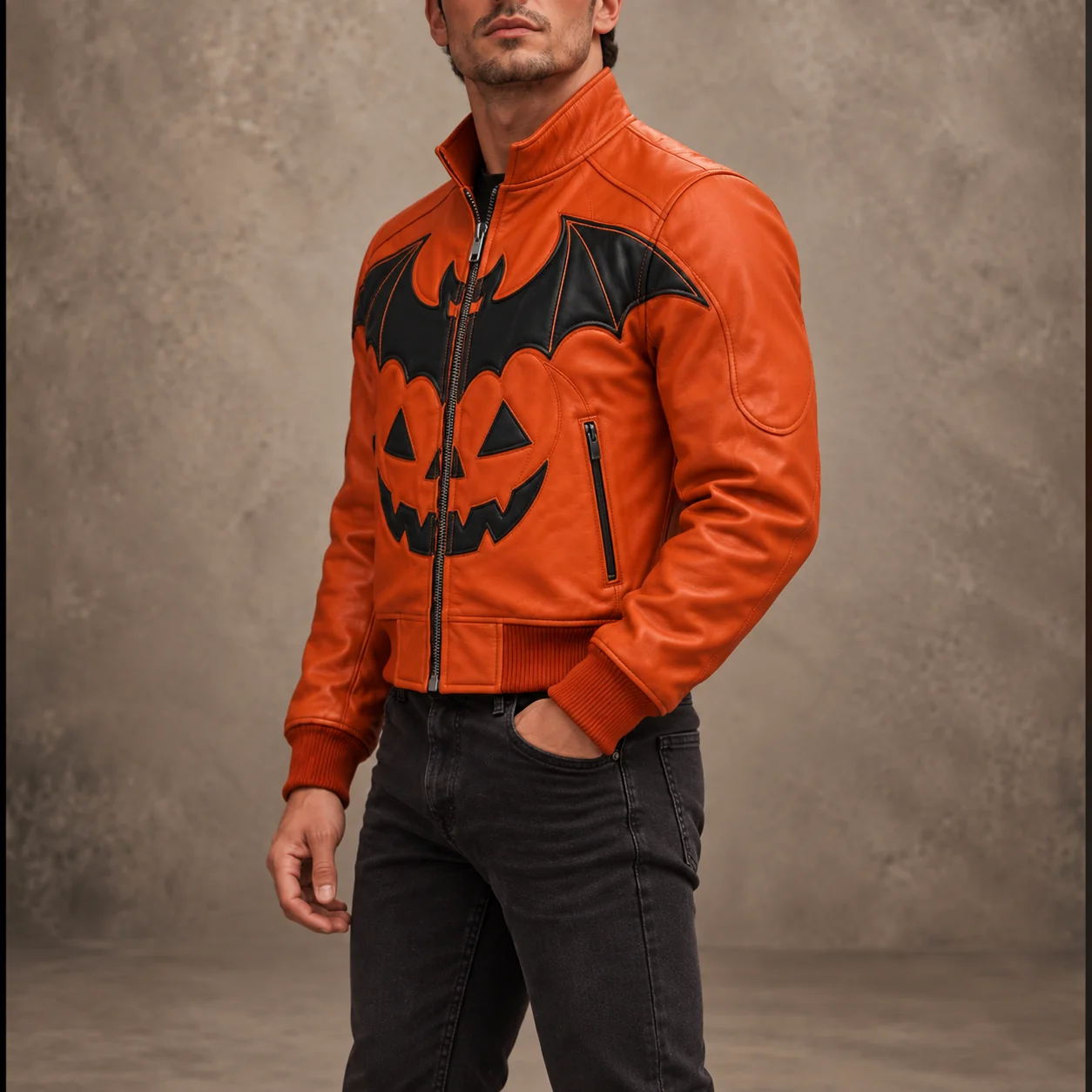 Side view of orange Halloween leather bomber jacket styled with black jeans