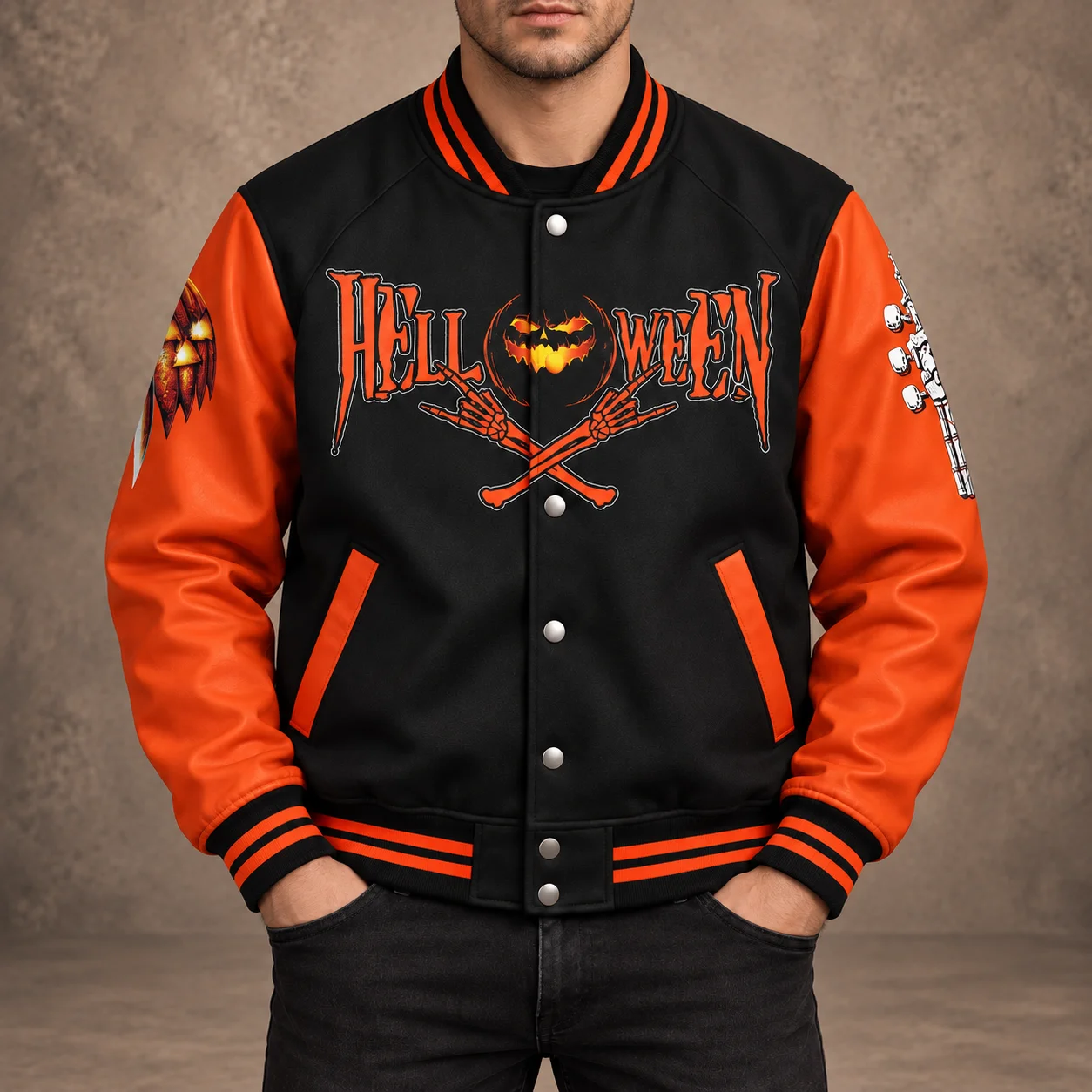 Men’s Helloween black and orange varsity jacket with pumpkin and skeleton graphics