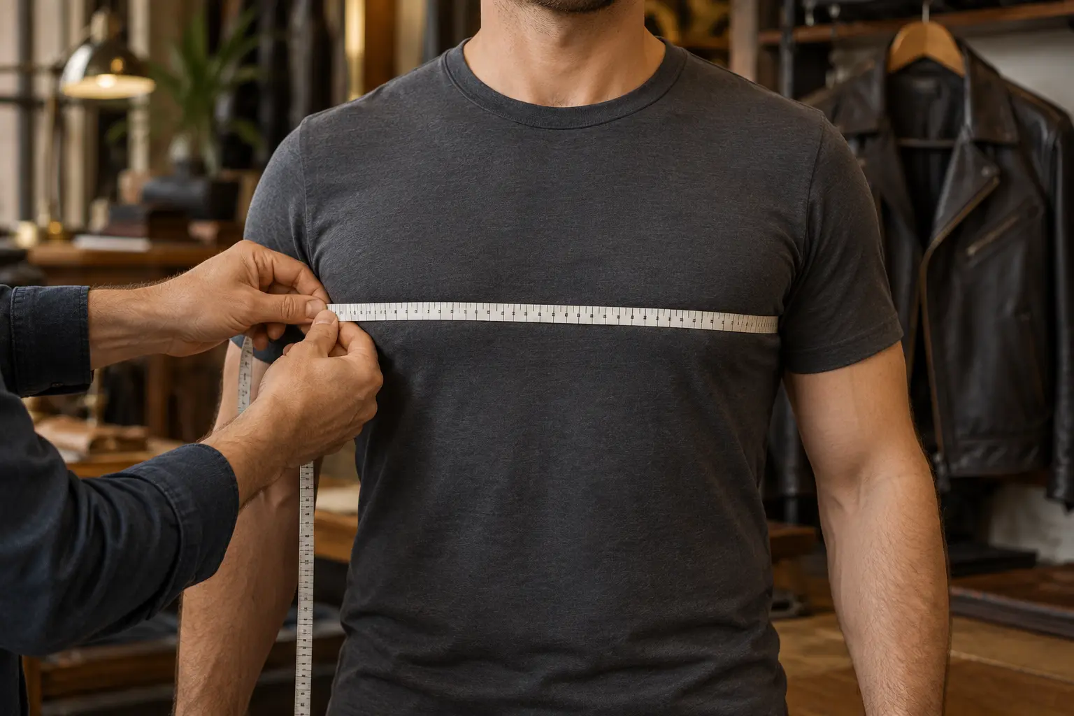 Tailor measuring a man's chest over a thin shirt with a flexible measuring tape