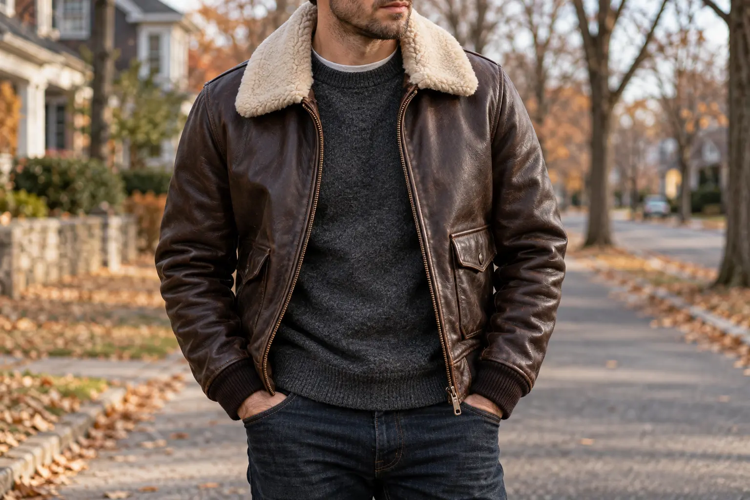 Man wearing a brown leather aviator jacket with a cream collar over a charcoal sweater