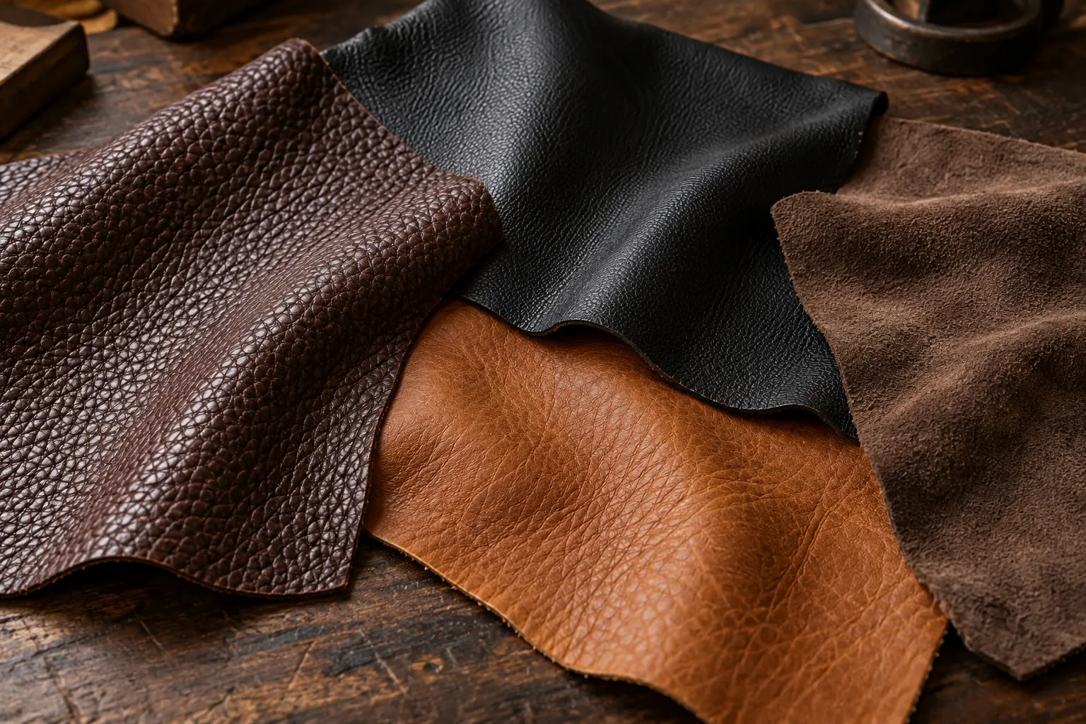 Brown, black and tan leather swatches beside mocha suede on a wooden workbench