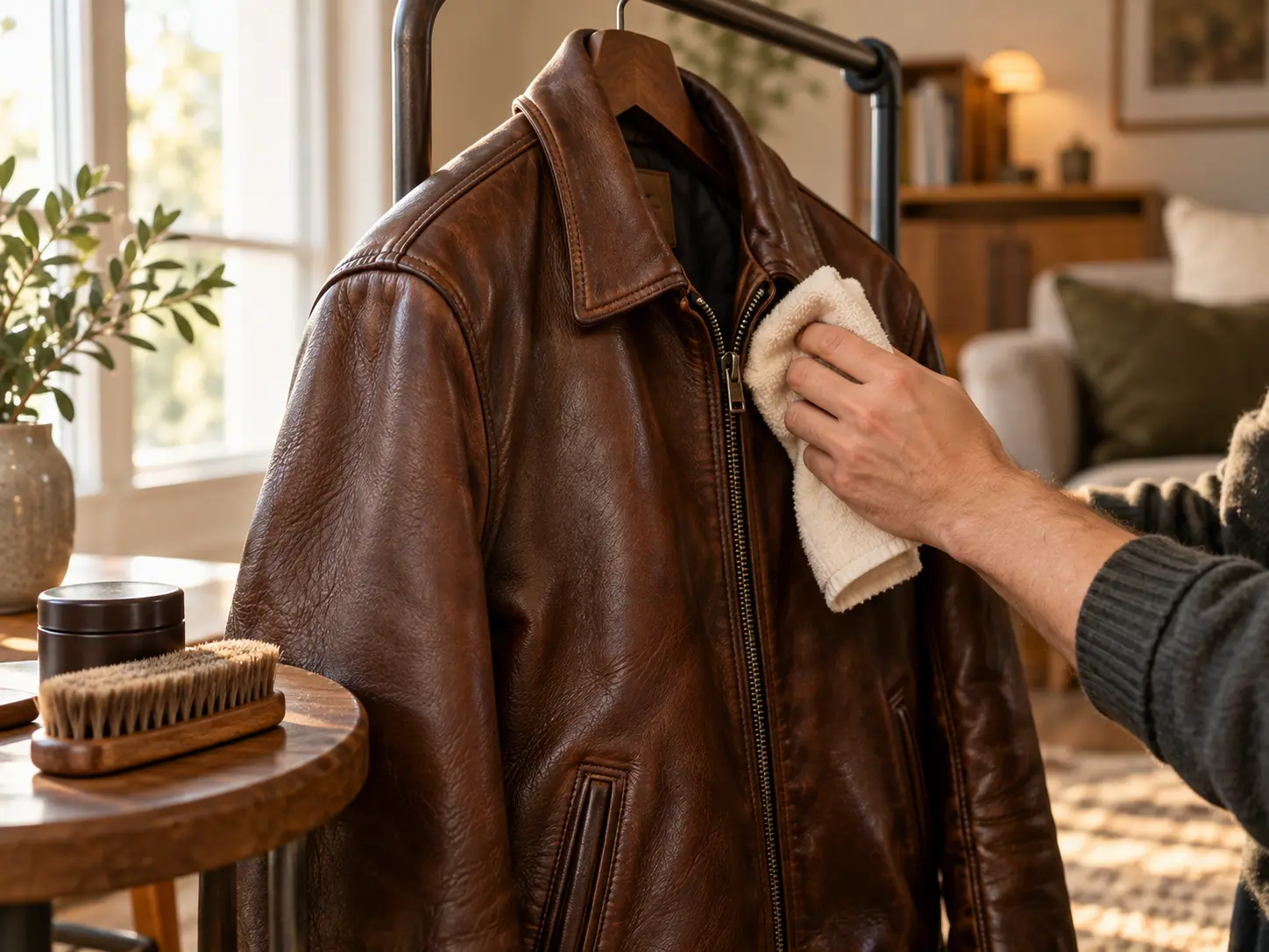 A person wiping a brown leather jacket on a wide hanger, with a suede brush and closed care tin nearby.