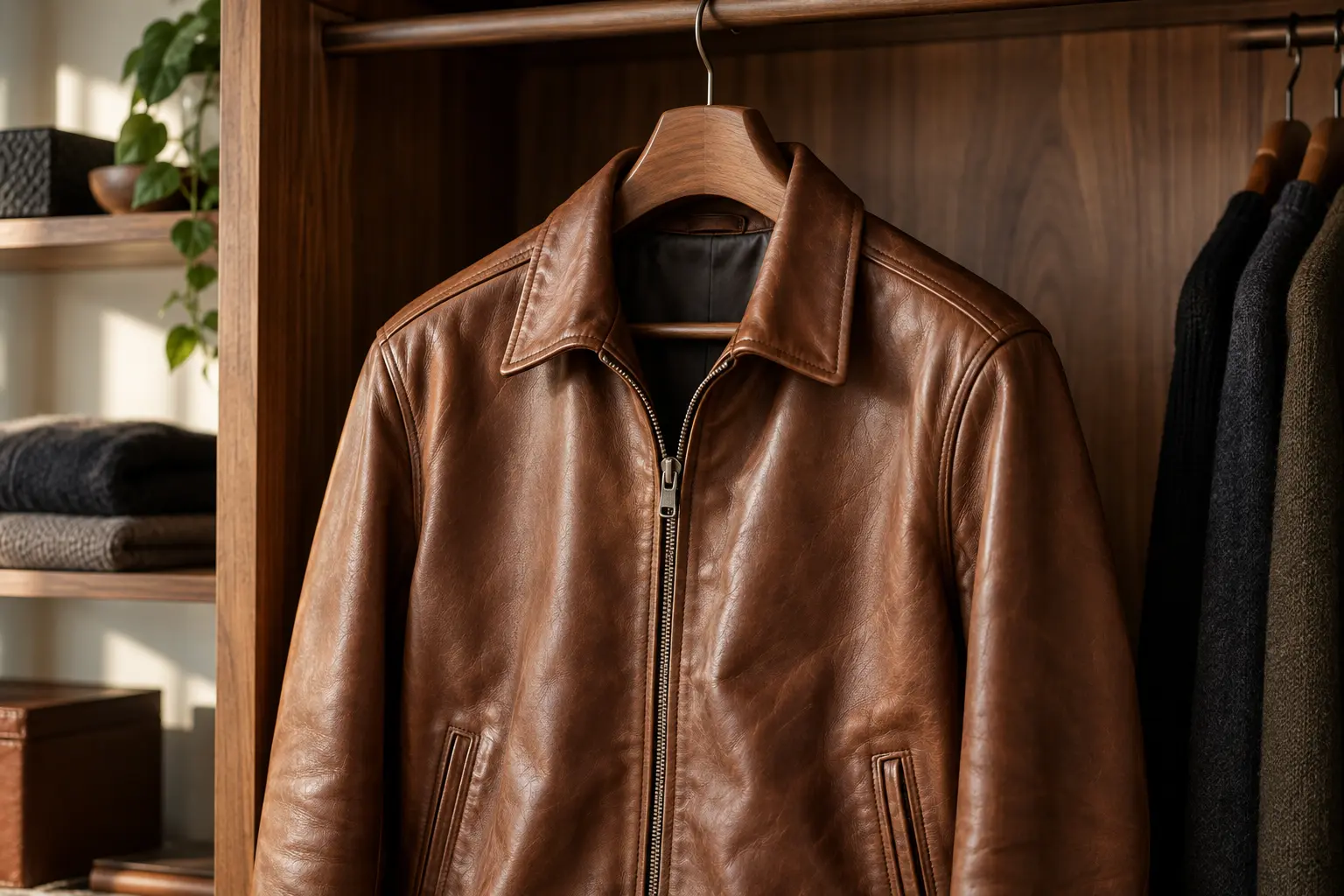 Brown leather jacket stored on a wide wooden hanger inside an open wardrobe