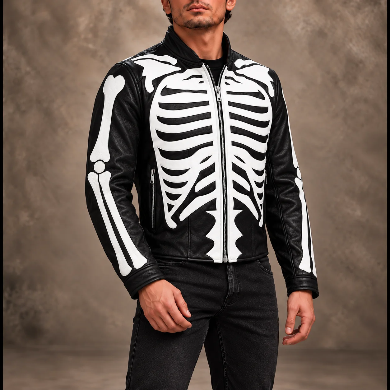 Men's black skeleton leather jacket with white bone design by Jonny N Guys