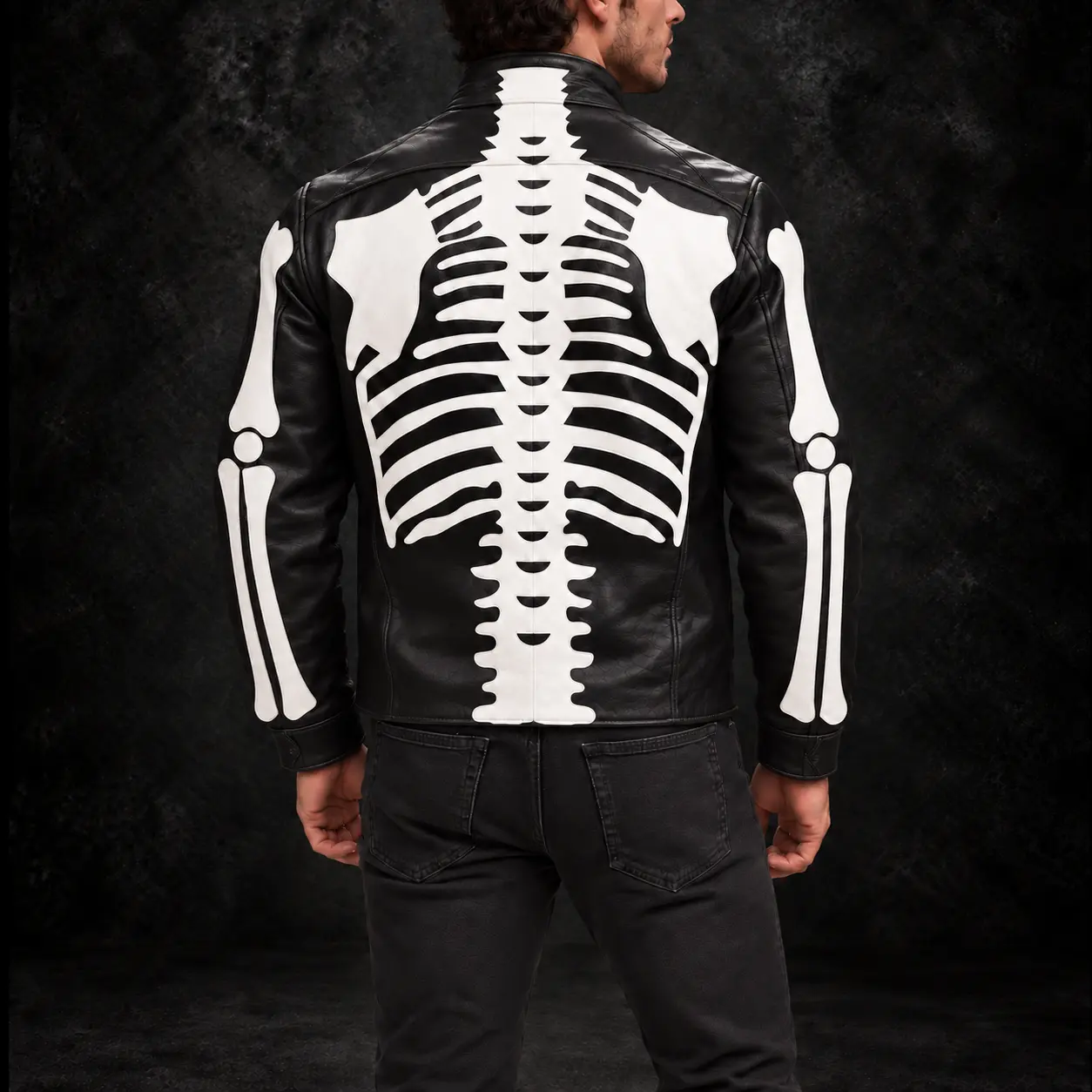 Men’s Skeleton Bones Black Leather Biker Jacket alternate