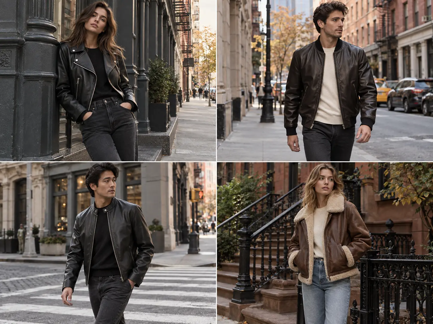 Four NYC street looks featuring a black biker jacket, dark leather bomber, black caf&eacute; racer and brown shearling-collar aviator.