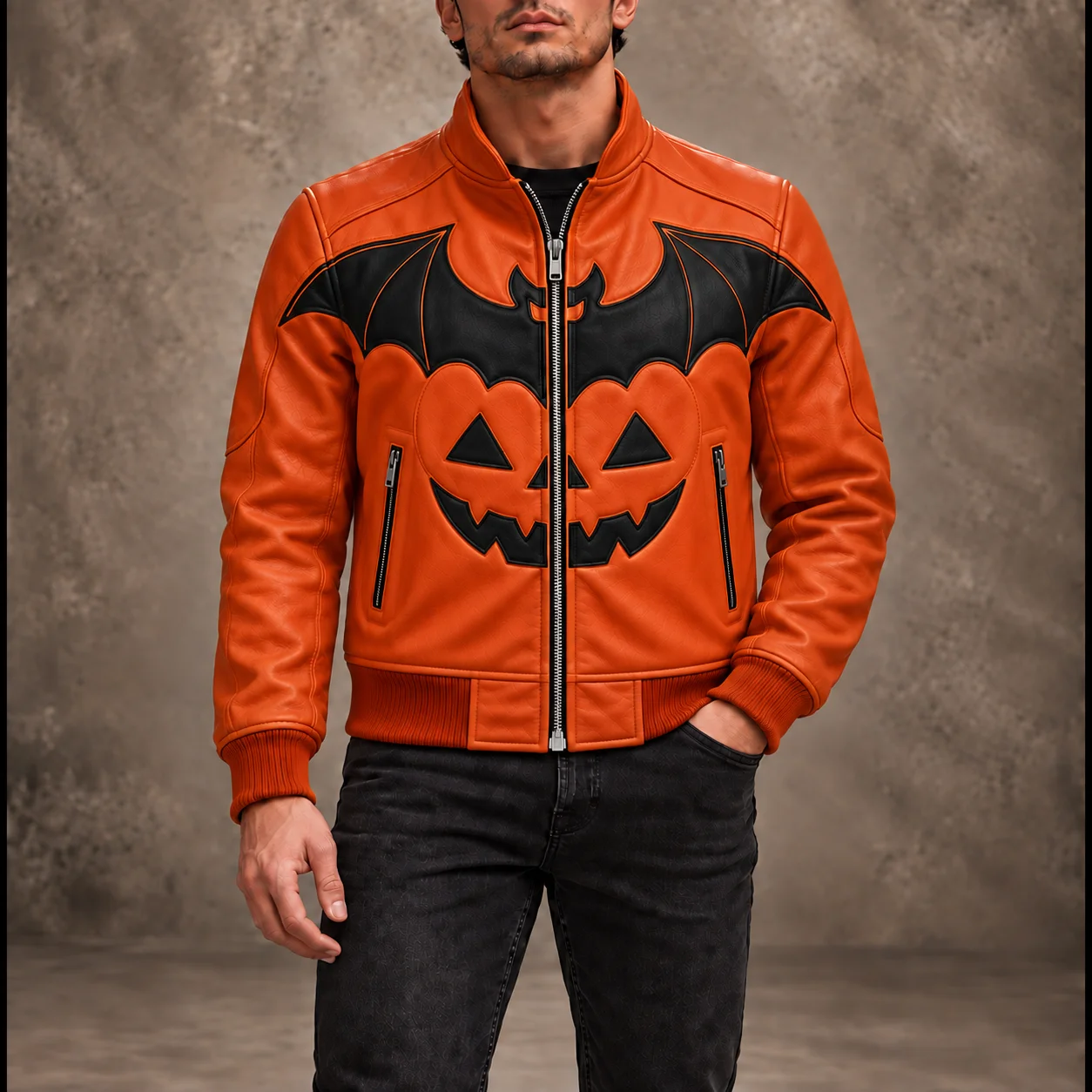 Orange Halloween Jack O’ Lantern leather bomber jacket with black bat detailing