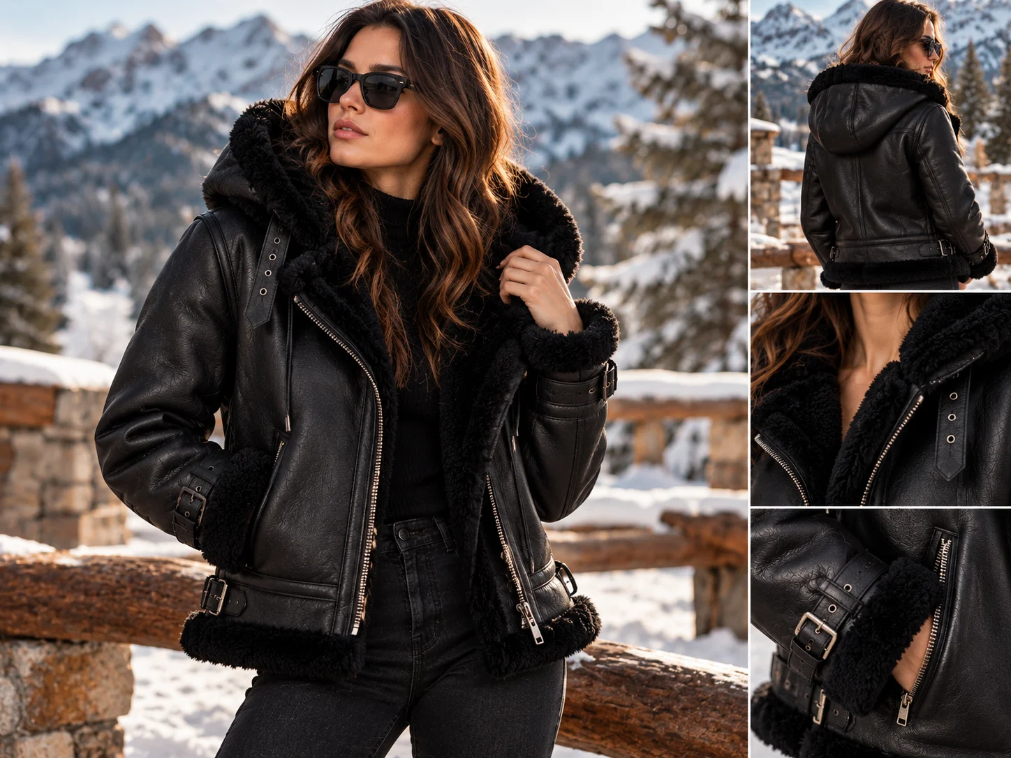Ravenna black hooded shearling leather jacket for women by Jonny N Guys