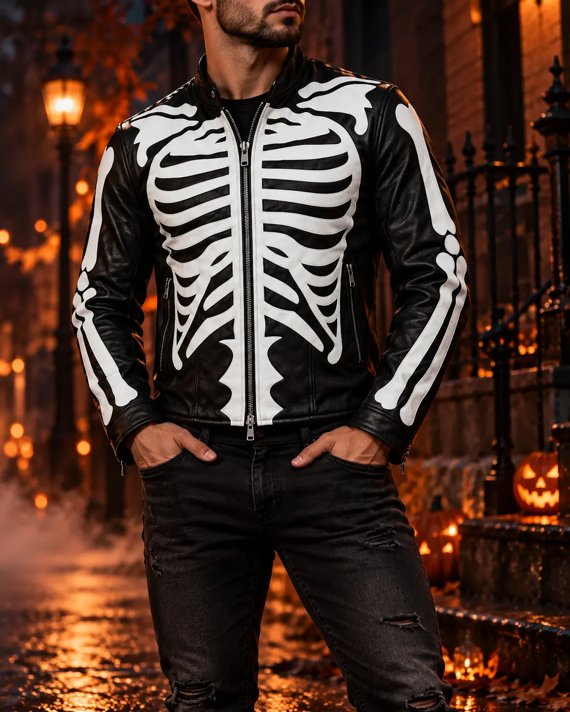 Men's skeleton bones black leather biker jacket for Halloween