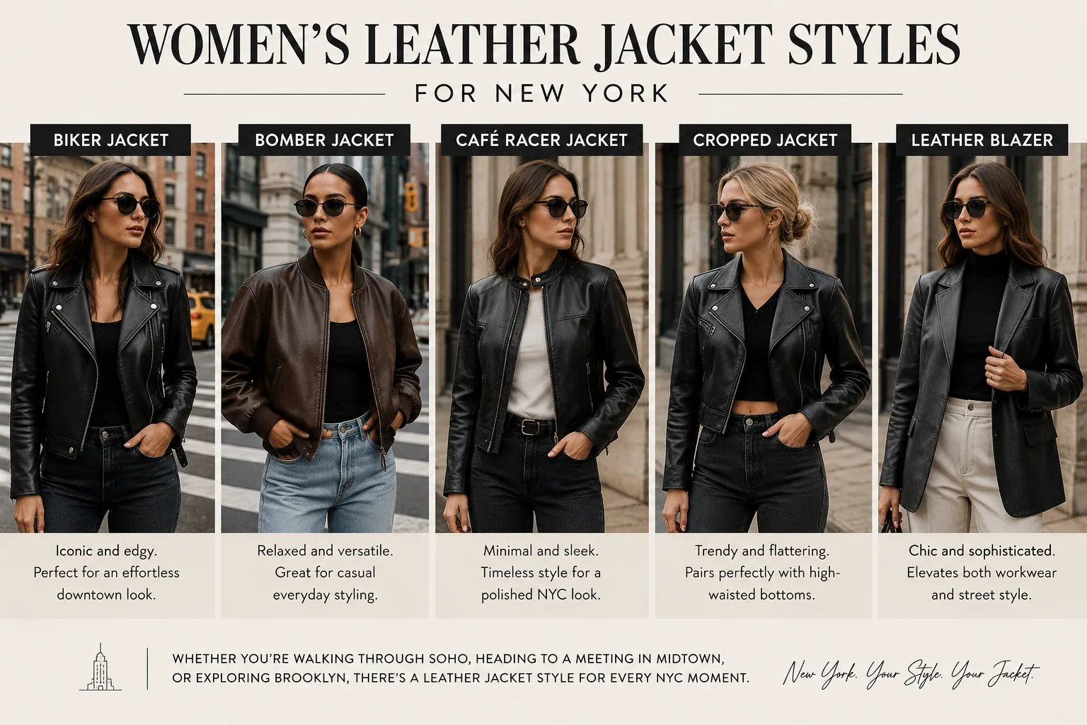Women wearing biker, bomber, cafe racer, cropped and leather jacket styles in New York