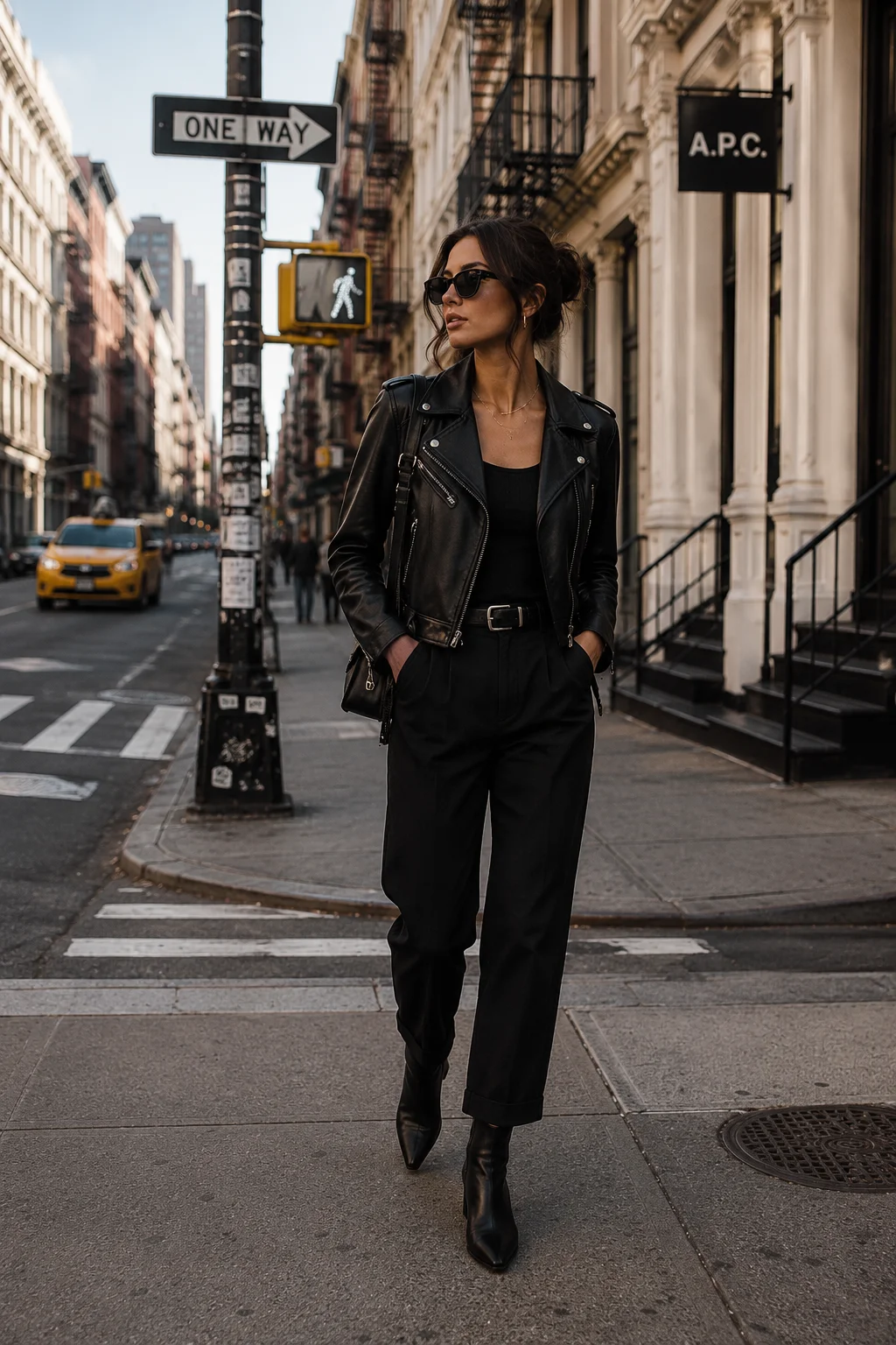 Woman wearing a black leather jacket with trousers and boots on a New York City street