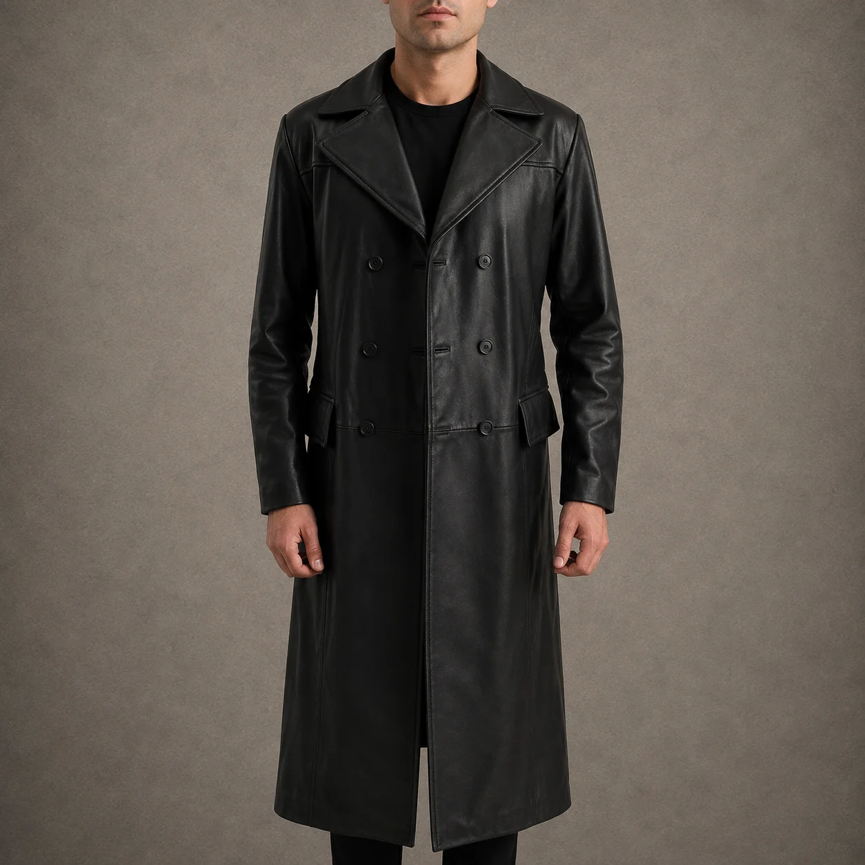 Men's Kingsley black leather double breasted coat with notch lapel collar and button closure