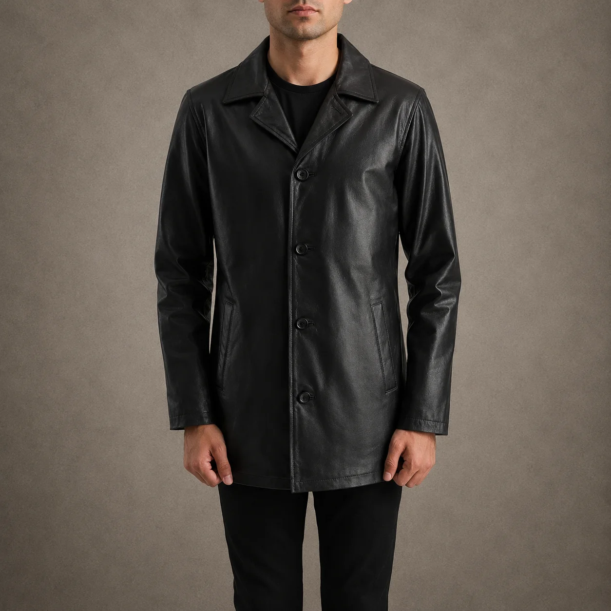Men's Langford black cowhide leather coat with notch collar and button front closure