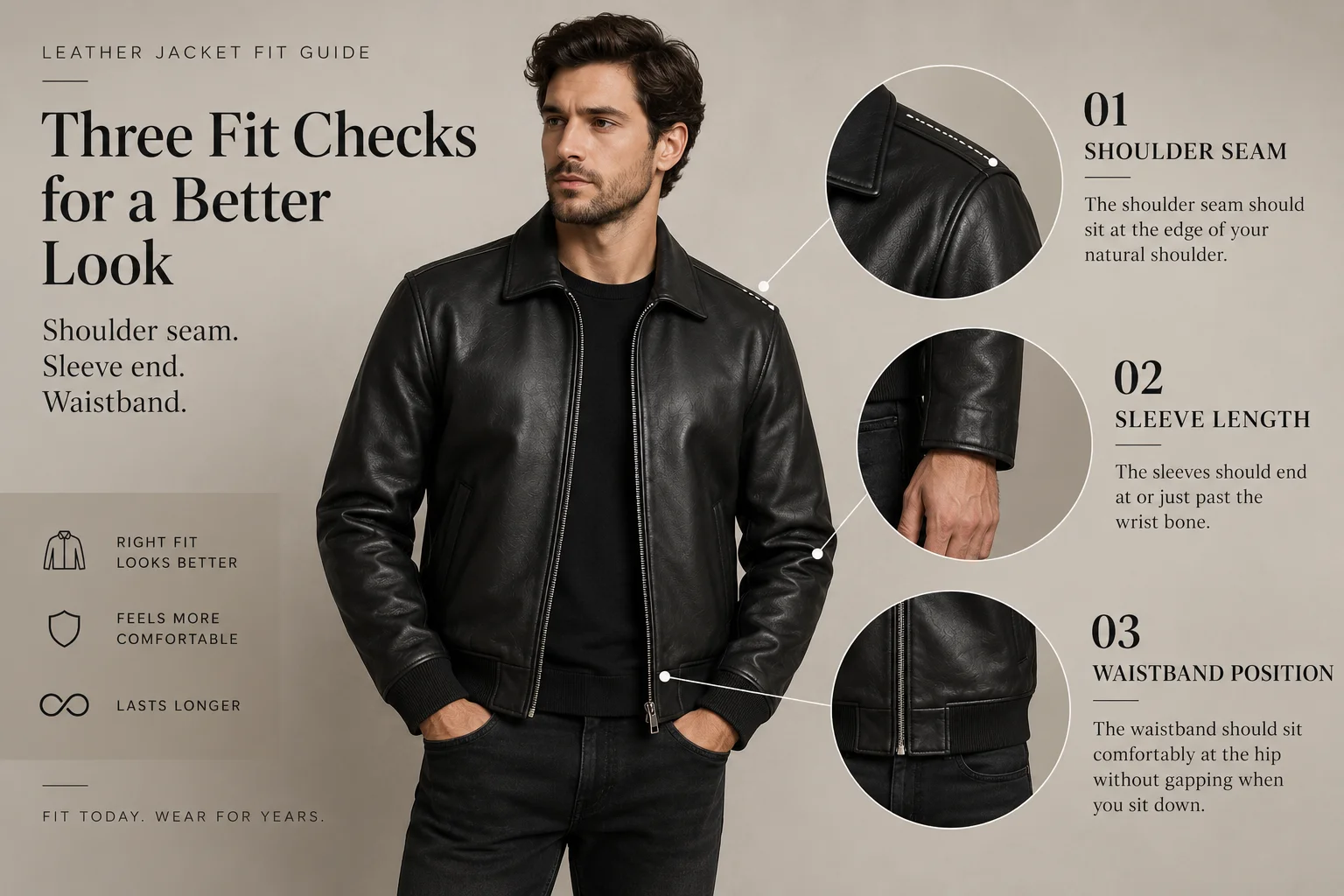 Diagram showing shoulder seam, sleeve length and waistband position on a leather jacket
