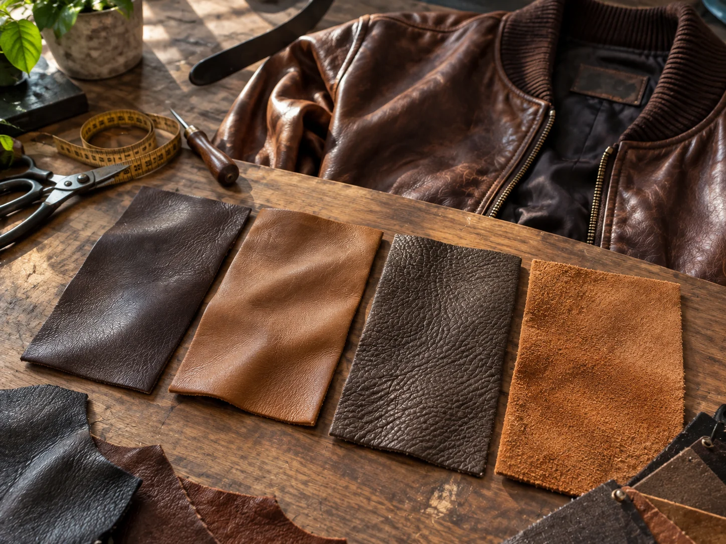 Leather types for bomber jackets including cowhide, lambskin, goatskin, and suede