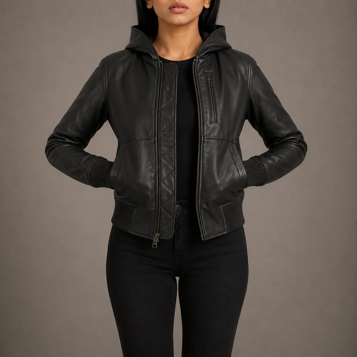 Women's black hooded leather bomber jacket with fleece lining and zipper closure