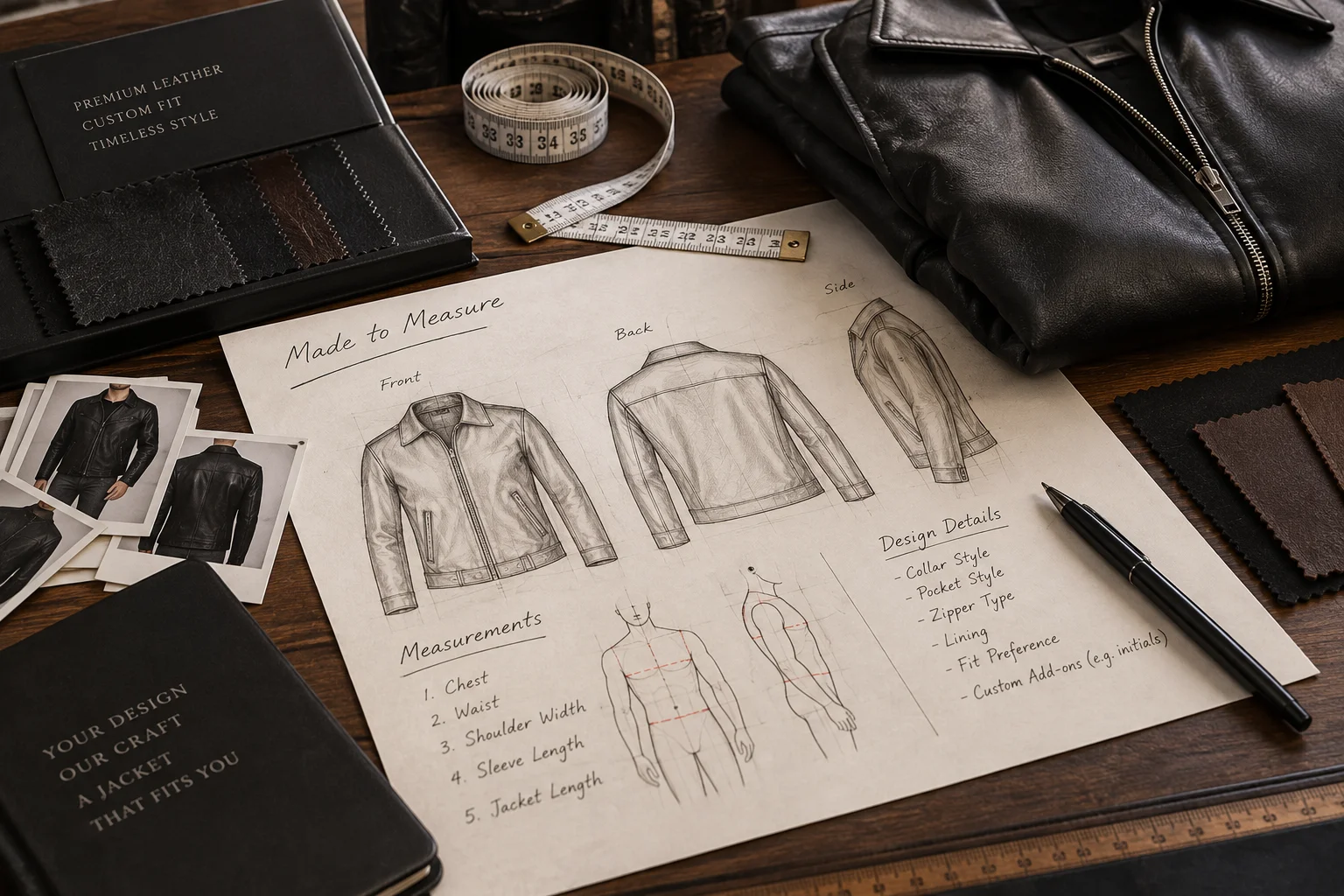 Leather jacket measurements and design sketches laid out for a made-to-measure order