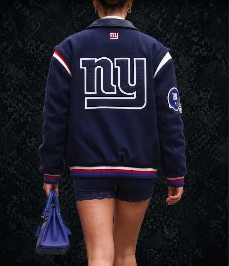 Back view of Marissa Ayers-inspired navy varsity jacket with oversized New York-style graphic