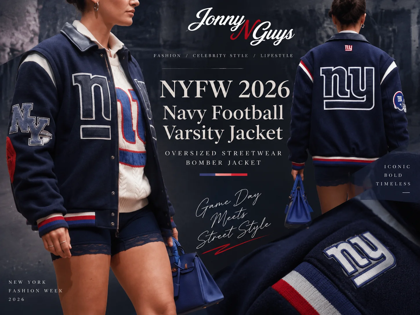 NYFW Navy Football Varsity Jacket, Oversized Streetwear Bomber Jacket
